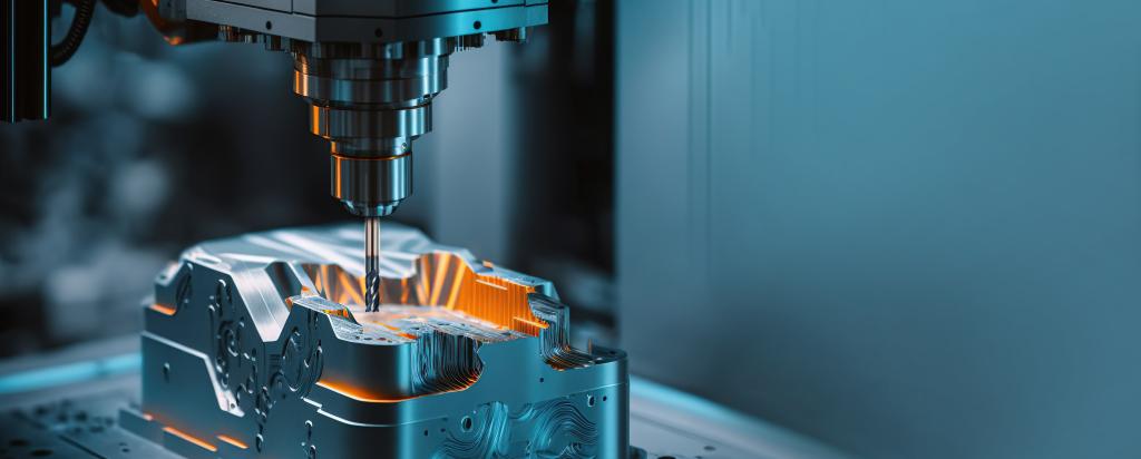 Metalworking CNC milling machine. Cutting metal modern processing technology. Small depth of field. Hi-technology machining concept.