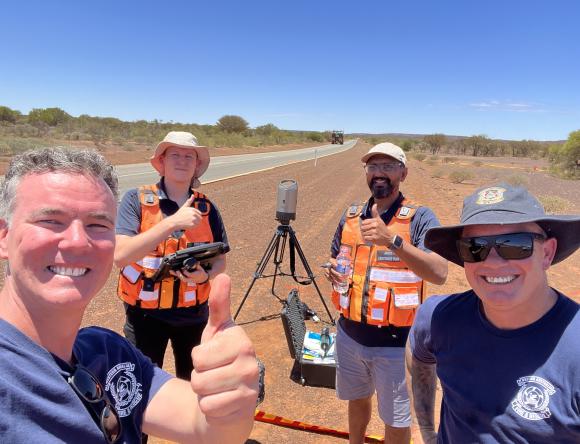 - Successful search team, ANSTO's Dr Lachlan Chartier, Prashant Majaraji and Jason Paull with Dom Reay from WA Dept of Fire and Emergency Services.