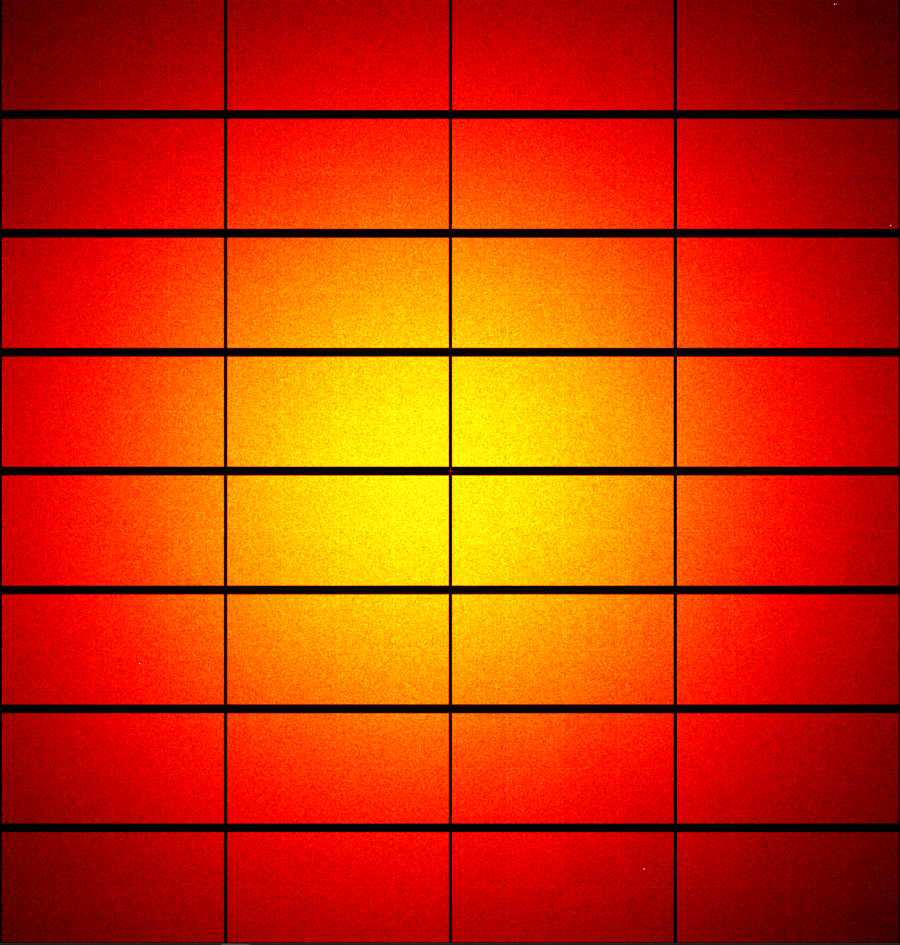 The first MX3 detector image, 32 rectangular modules with a glowing false-coloured sunset corona splashed across them